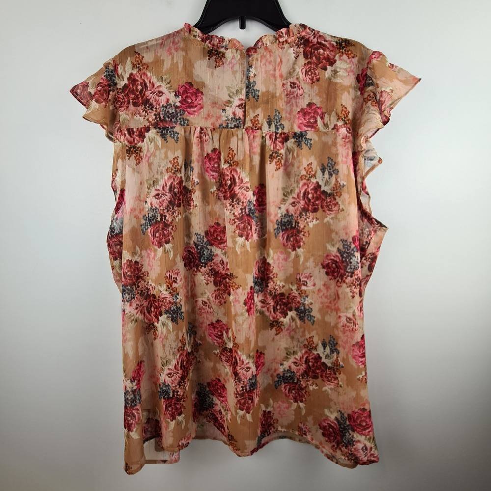 Torrid Women Plus 3 3X Tan Red Floral Chiffon Flutter Sleeve Metallic Blouse NEW - Picture 6 of 9
